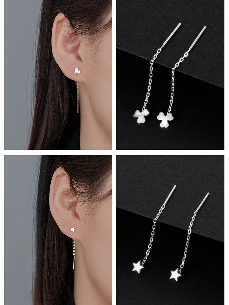 LUXE Real 925 Sterling Silver Moon Star Heart Square Clover Short Chain Tassel Stud Earrings For Women Classic Fine Jewelry