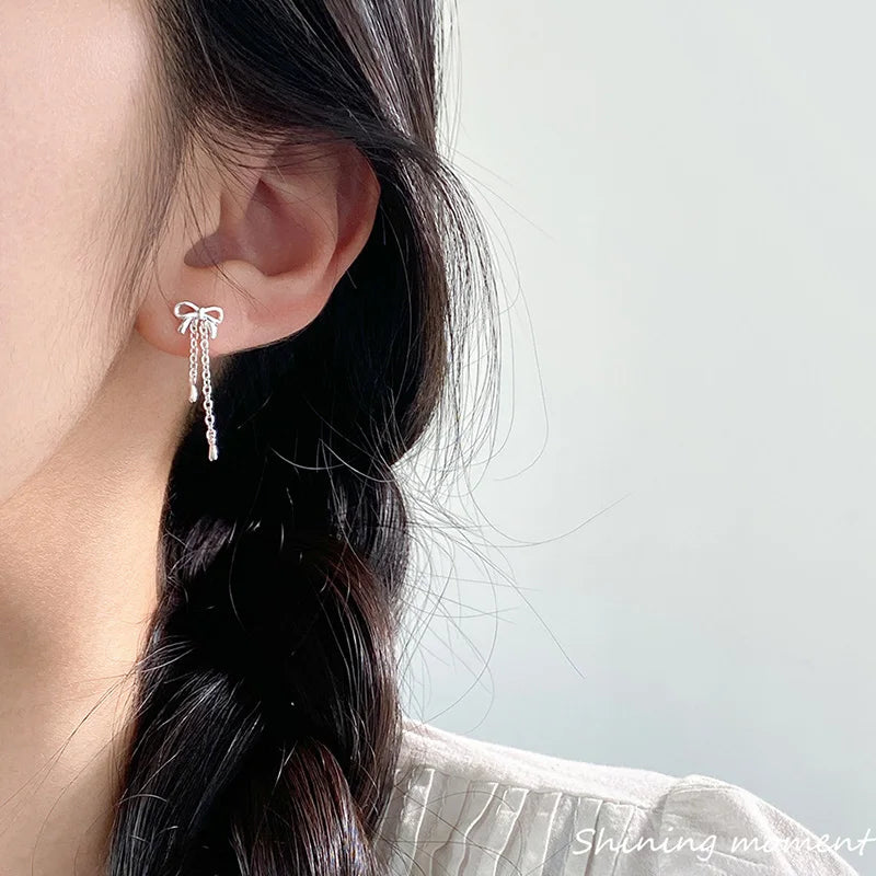 LUXE Real 925 Sterling Silver Bowknot Chain Tassel Stud Earrings for Women Trendy Fine Jewelry Exquisite Accessories