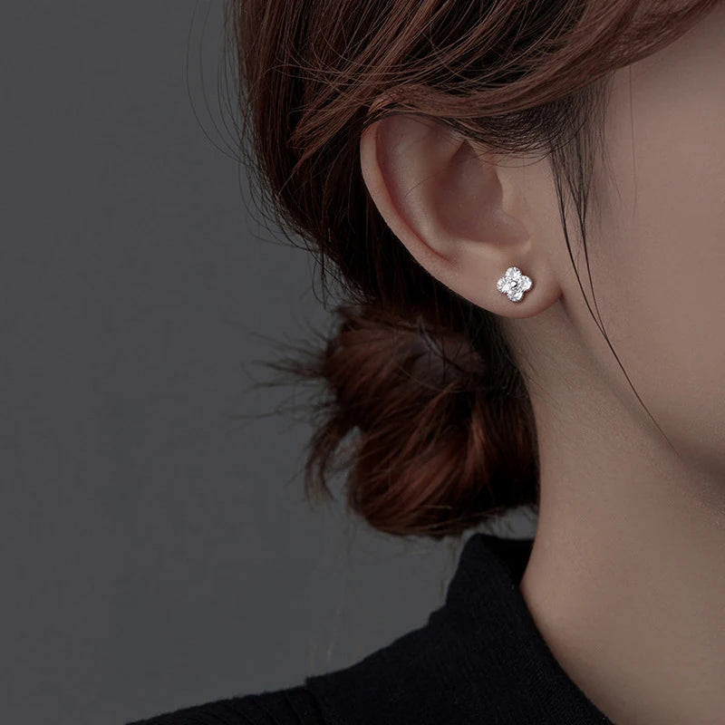 LUXE Real 925 Sterling Silver Zircon Clover Stud Earrings For Women Cute Fine Jewelry Minimalist Accessories