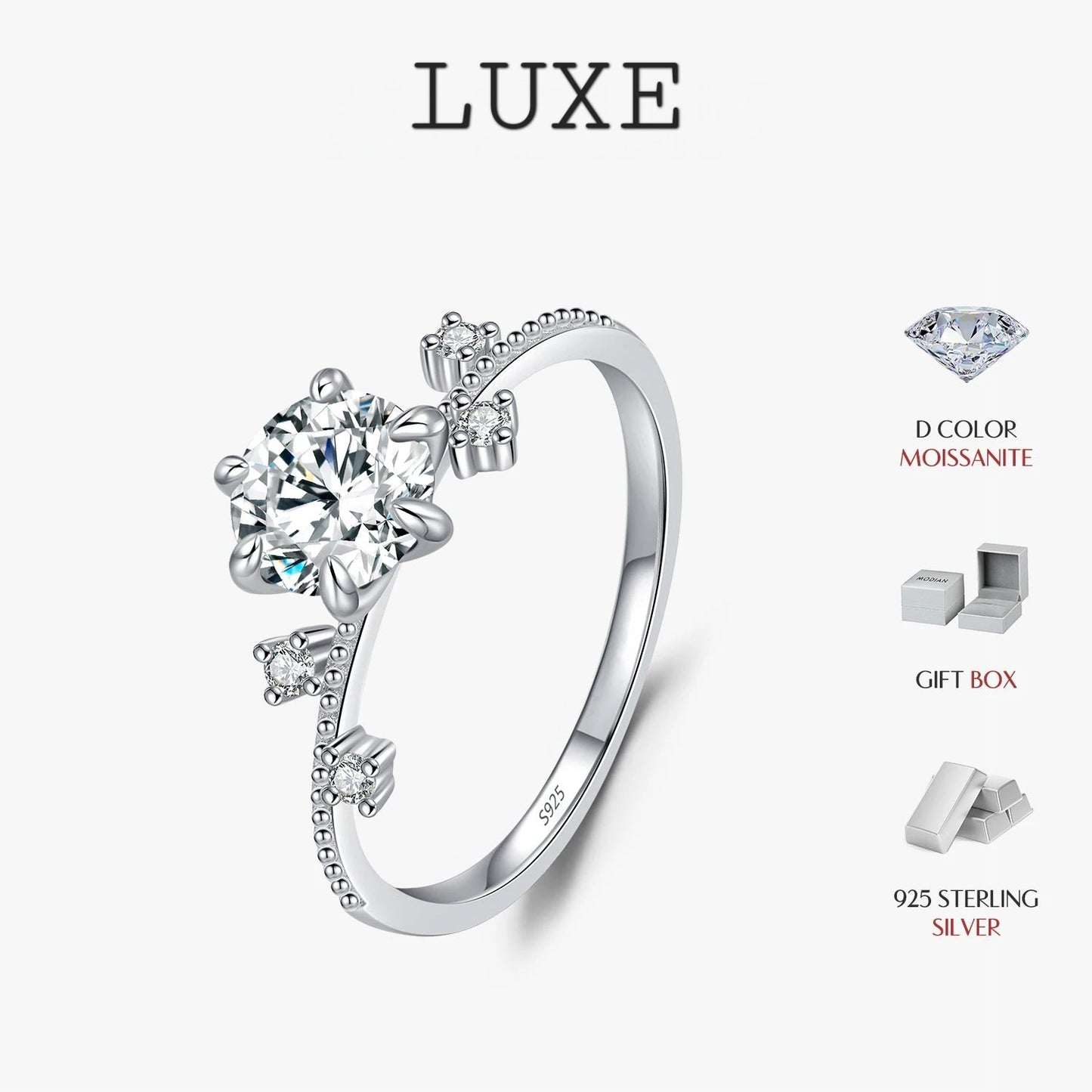 LUXE 1CT Moissanite Ring 925 Sterling Silver Delicate Flower Six Claws Lab Created Diamond Rings For Women Wedding Jewelry