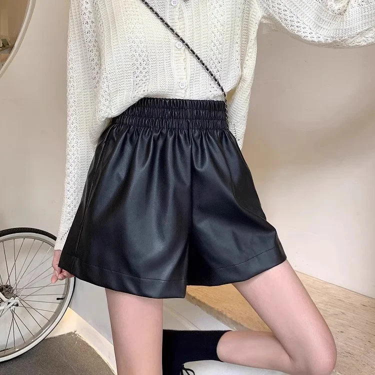 Luxe Collection PU Leather Shorts Women Autumn Winter High Waist Slimming A- crotch Loose Trousers Small Size Ladies Casual Style