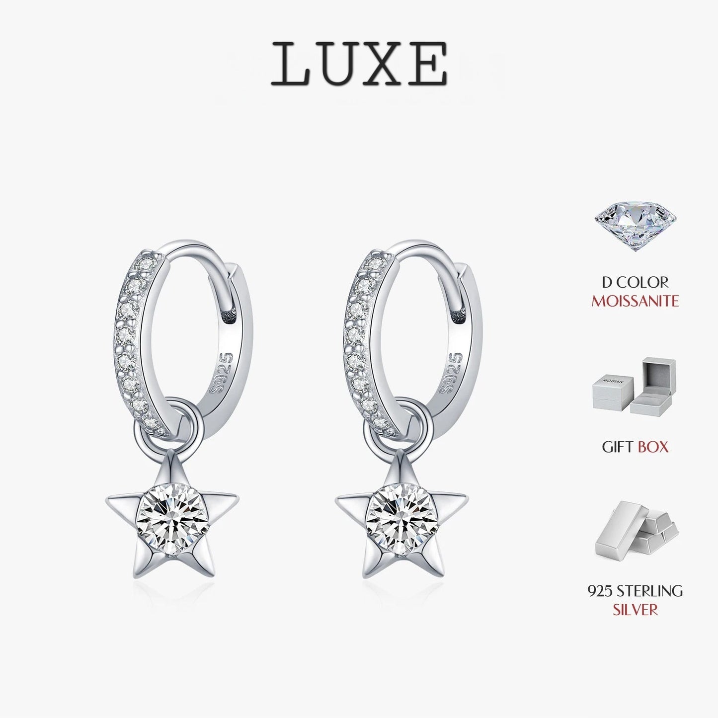 LUXE D Color Round Moissanite Ear Buckles 925 Sterling Silver Fashion Stars Hoop Earrings For Women Wedding Jewelry Gifts