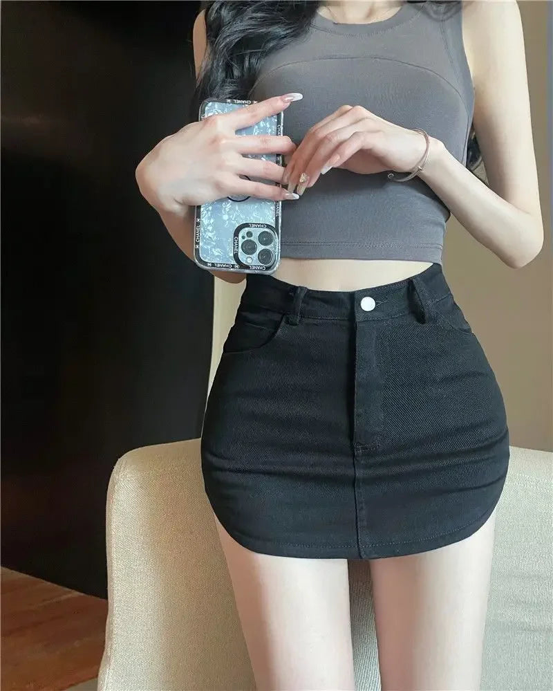 Luxe Collection White Denim Women's Mini Dress High-Waisted Slimming Design Sensible Niche Package Belly Half Skirt Summer Fashion