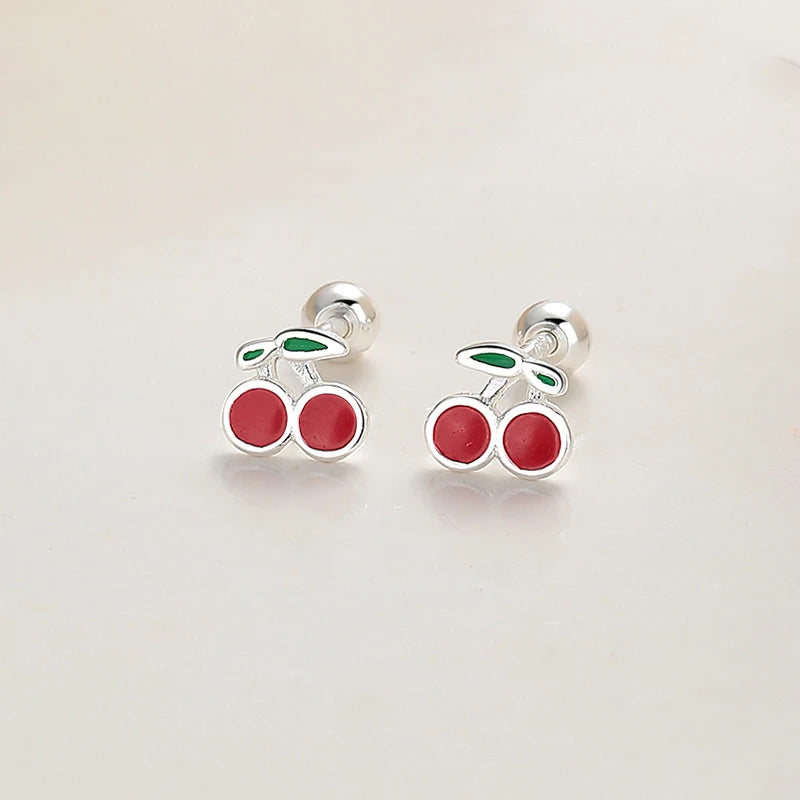 LUXE Real 925 Sterling Silver Fruit Cherry Bead Screw Stud Earrings For Women Cute Fine Jewelry Minimalist Accessories Gift