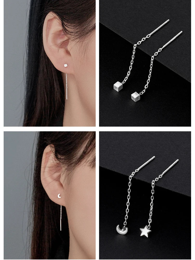 LUXE Real 925 Sterling Silver Moon Star Heart Square Clover Short Chain Tassel Stud Earrings For Women Classic Fine Jewelry