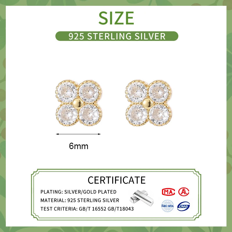 LUXE Real 925 Sterling Silver Zircon Clover Stud Earrings For Women Cute Fine Jewelry Minimalist Accessories