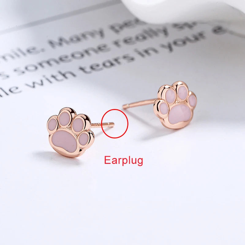 LUXE Real 925 Sterling Silver Pink Cat's Paw Piercing Screw Thread Bead Stud Earrings for Women Cute Animal Fine Jewelry