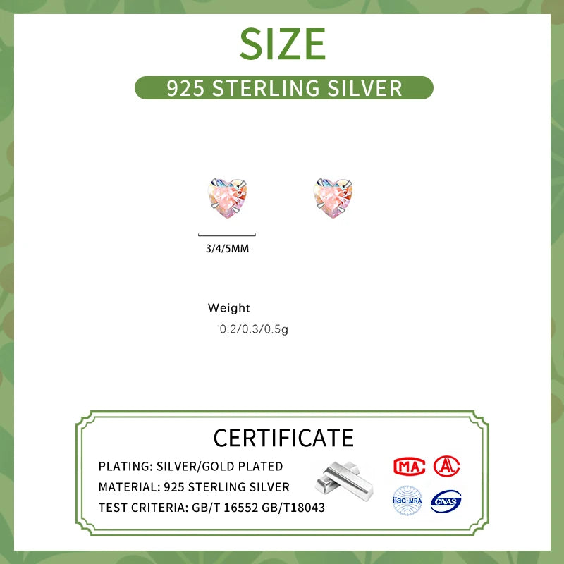 LUXE Real 925 Sterling Silver 3/4/5mm Fantastic Zircon Heart Stud Earrings for Women Cute Fine Jewelry Minimalist Accessories