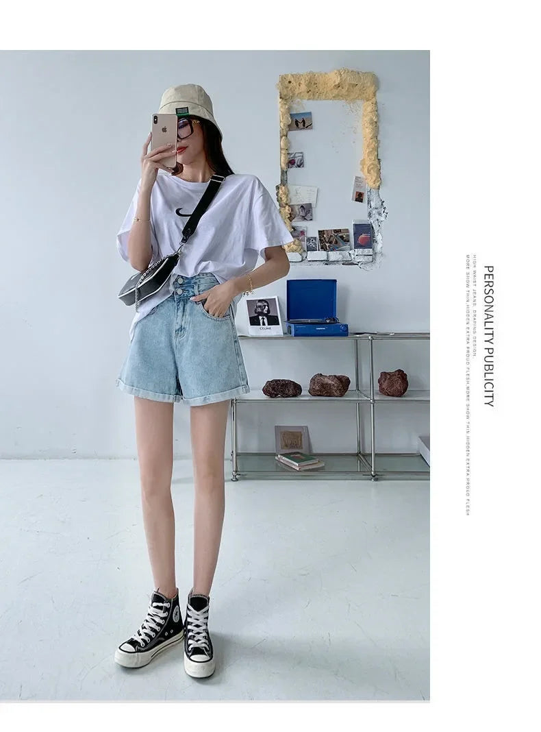 Luxe Collection Ultra-High-Waisted Slimming Denim Shorts For Women 2025 New Light Colour Loose Fit A- Line Curved Edge Casual Trendy Pants