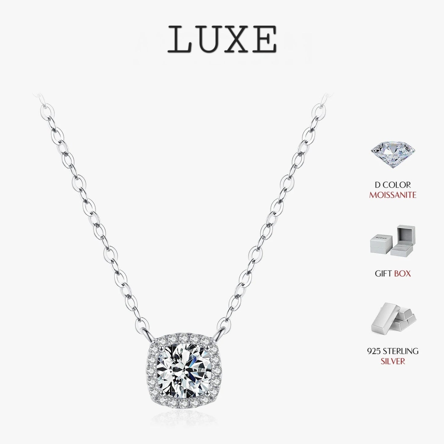 LUXE 1 Carat Square Cushion Cut Halo Moissanite Pendant Necklace For Women 925 Sterling Silver Dazzling Wedding Bridal Jewelry