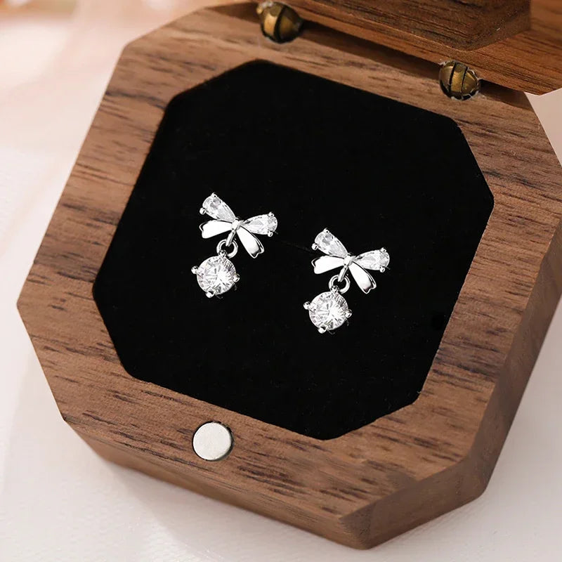 LUXE Real 925 Sterling Silver Zircon Bowknot Stud Earrings for Women Classic Geometric Fine Jewelry Minimalist Accessories