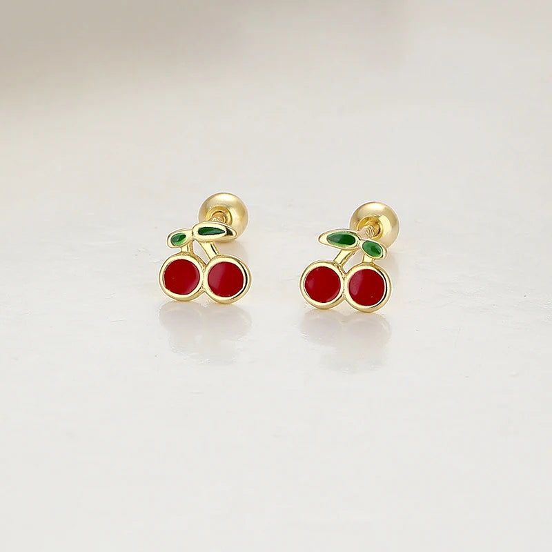 LUXE Real 925 Sterling Silver Fruit Cherry Bead Screw Stud Earrings For Women Cute Fine Jewelry Minimalist Accessories Gift