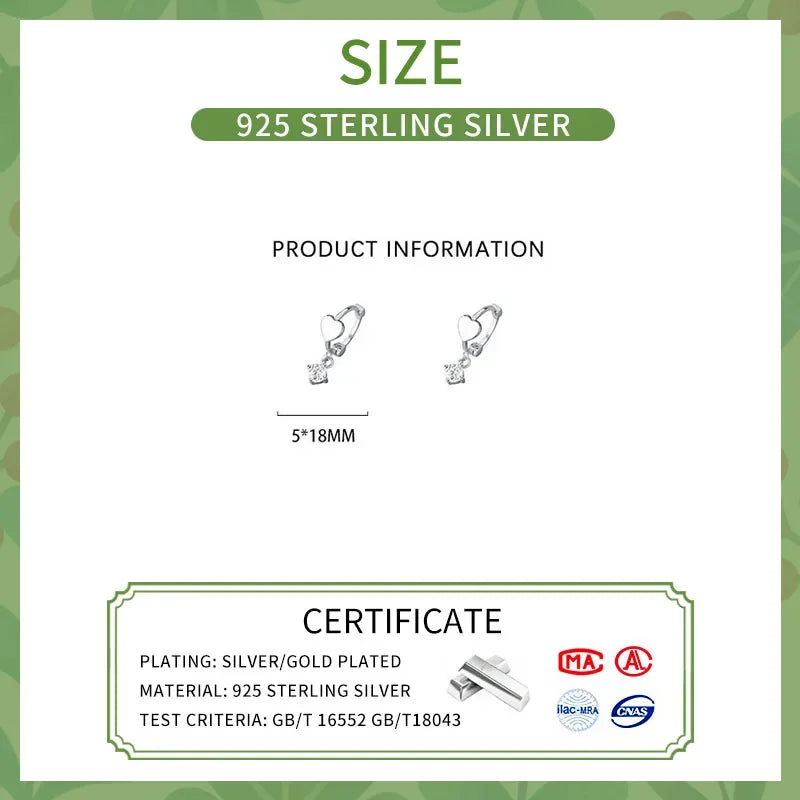 LUXE Real 925 Sterling Silver Zircon Pendant Heart 18K Gold Huggies Hoop Earrings For Women Classic Fine Jewelry Accessories