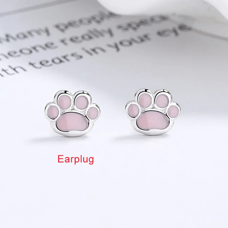 LUXE Real 925 Sterling Silver Pink Cat's Paw Piercing Screw Thread Bead Stud Earrings for Women Cute Animal Fine Jewelry