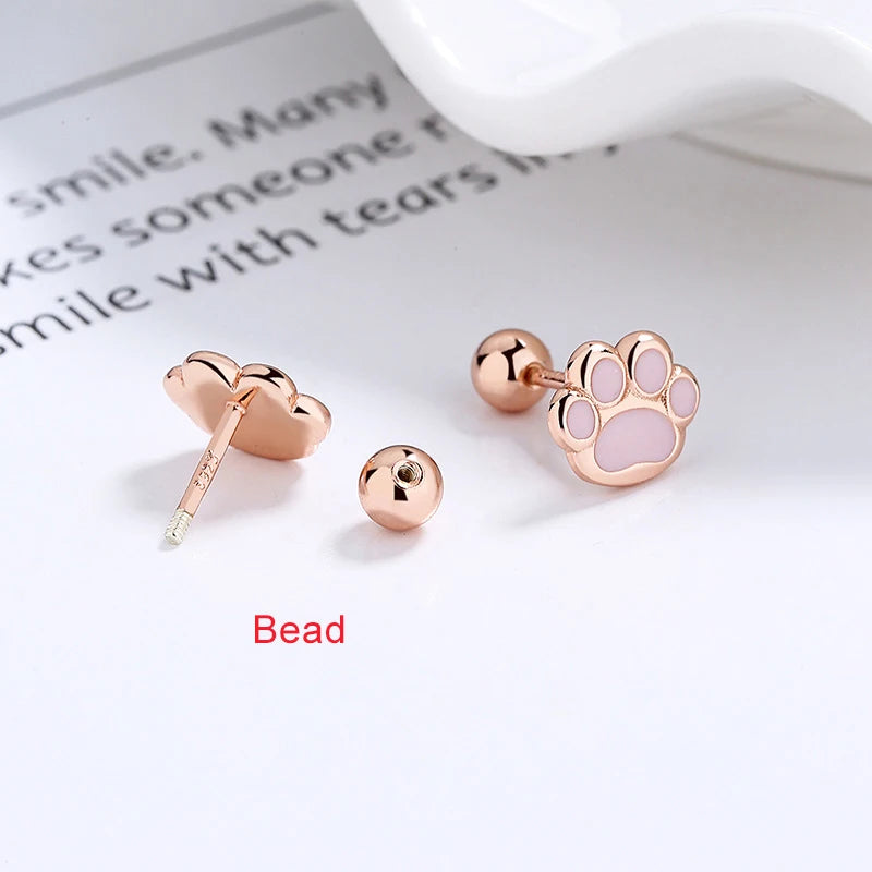 LUXE Real 925 Sterling Silver Pink Cat's Paw Piercing Screw Thread Bead Stud Earrings for Women Cute Animal Fine Jewelry