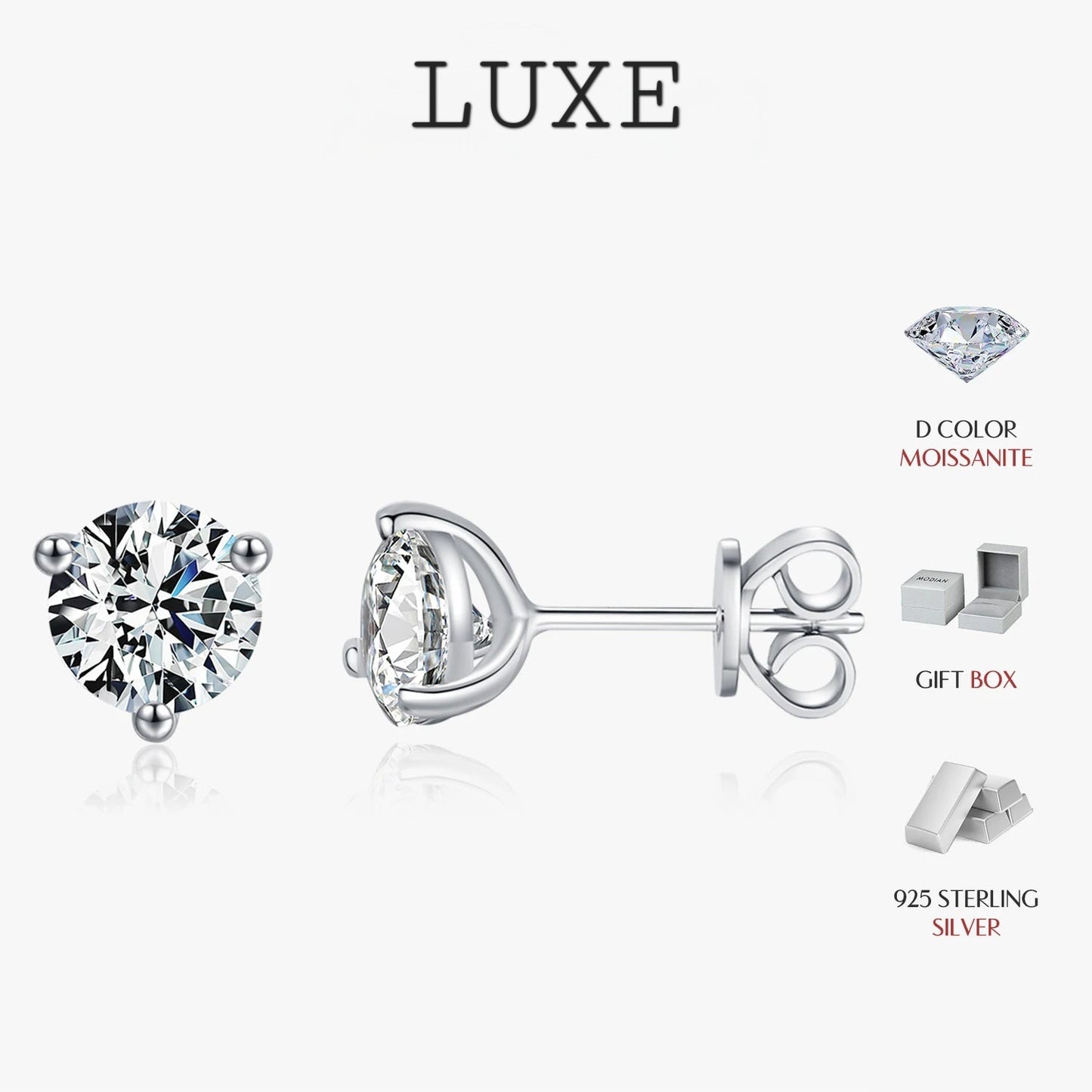 LUXE D Color 1CT Moissanite Earrings 925 Sterling Silver Sparkling Three Prong Setting Stud Earrings For Women Wedding Jewelry