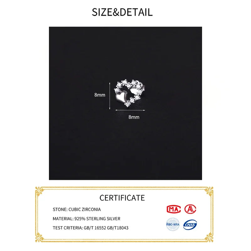 LUXE Real 925 Sterling Silver Zircon Hollow Heart 14K Gold Stud Earrings for Women Cute Fine Jewelry Light Luxury Accessories