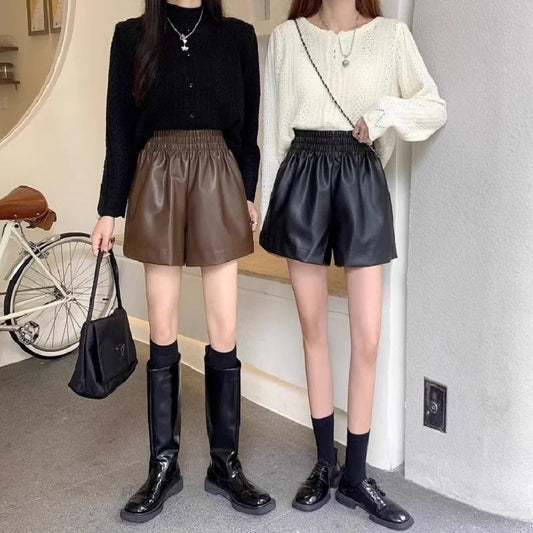 Luxe Collection PU Leather Shorts Women Autumn Winter High Waist Slimming A- crotch Loose Trousers Small Size Ladies Casual Style