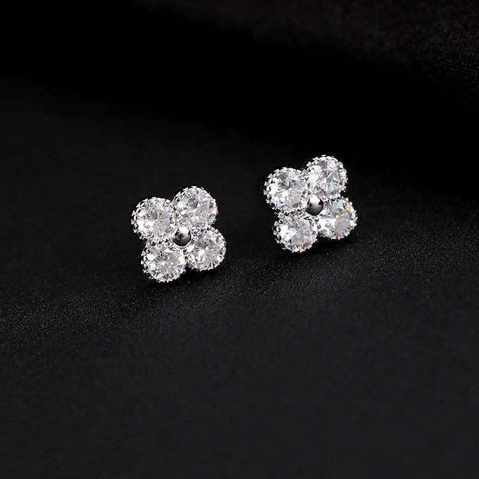 LUXE Real 925 Sterling Silver Zircon Clover Stud Earrings For Women Cute Fine Jewelry Minimalist Accessories