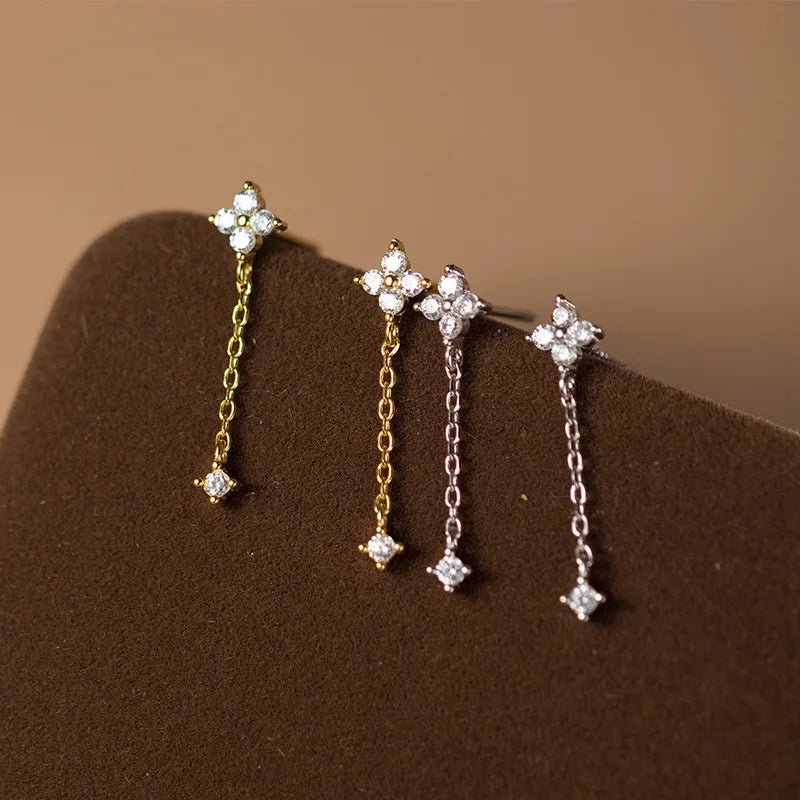 LUXE Real 925 Sterling Silver Zircon Short Chain Tassel Stud Earrings for Women OL Fine Jewelry Minimalist Accessories