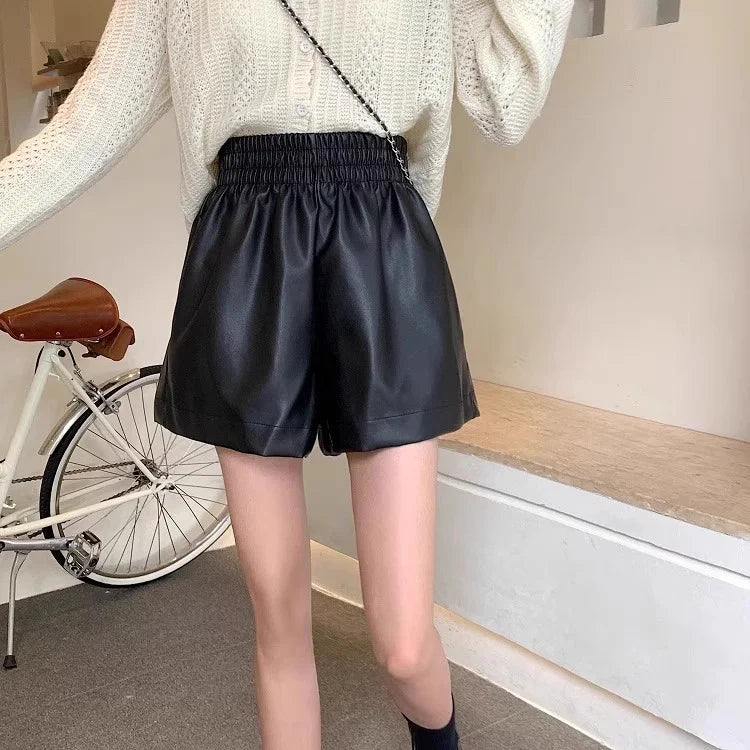 Luxe Collection PU Leather Shorts Women Autumn Winter High Waist Slimming A- crotch Loose Trousers Small Size Ladies Casual Style