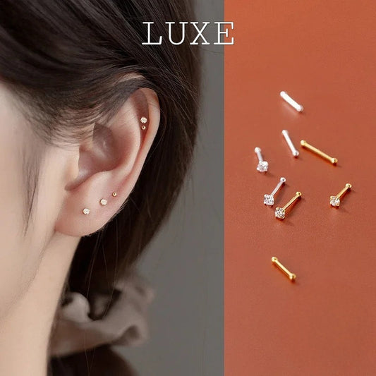 LUXE 5Pairs/Lot Real 925 Sterling Silver Single Zircon Ear Hole Bead Stud Earrings For Women Classic Minimalist Fine Jewelry