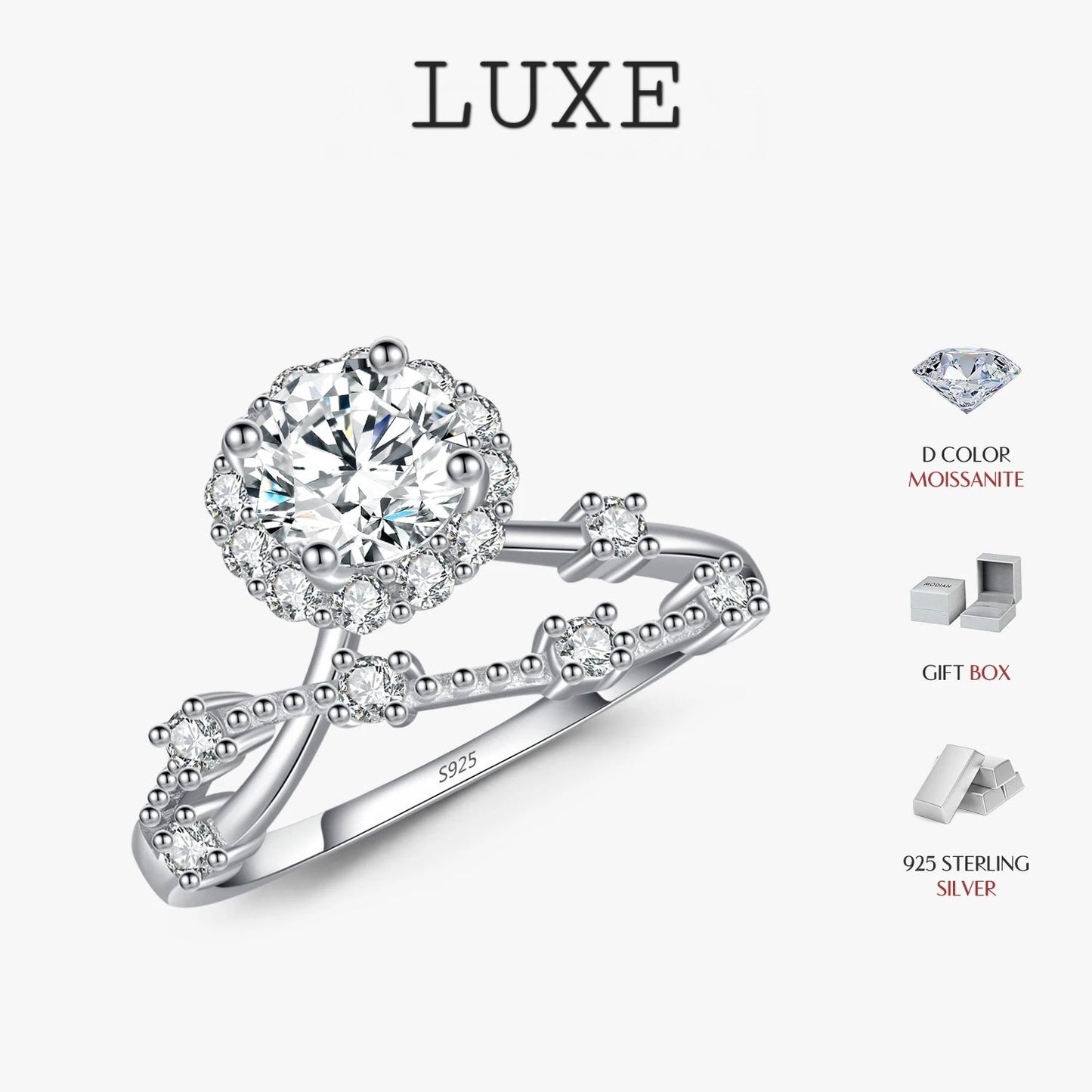 LUXE Moissanite Ring Delicate Lab Diamond Halo Ring 925 Sterling Silver Crown Luxury Rings for Women Wedding Fine Jewelry