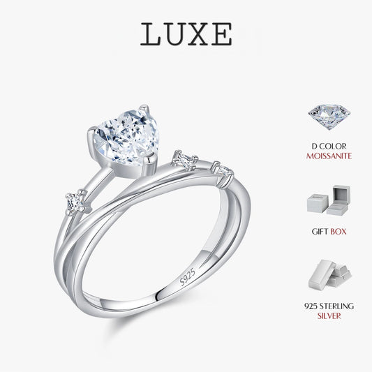 LUXE 0.8CT D Color Heart Moissanite 925 Sterling Silver Line Multi-layer Rings For Women Romantic Wedding Fine Jewelry Gifts
