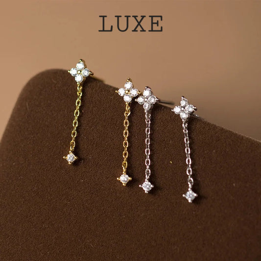 LUXE Real 925 Sterling Silver Zircon Short Chain Tassel Stud Earrings for Women OL Fine Jewelry Minimalist Accessories