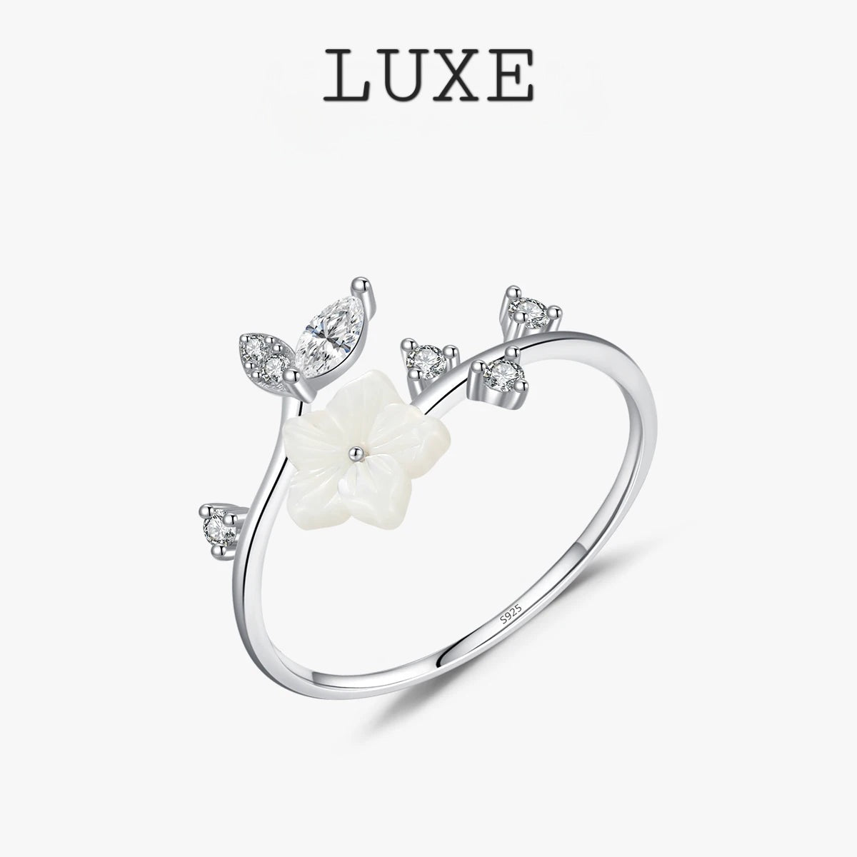 LUXE Exquisite Shell Pearl Thin Flower Ring Real 925 Sterling Silver Opening Size Stackable Finger Rings For Women Jewelry