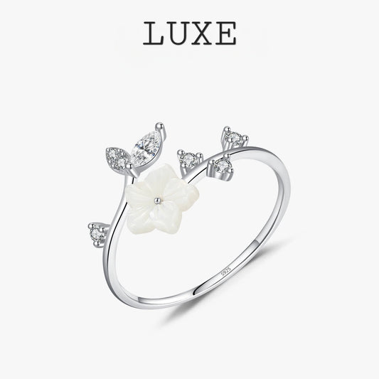 LUXE Exquisite Shell Pearl Thin Flower Ring Real 925 Sterling Silver Opening Size Stackable Finger Rings For Women Jewelry