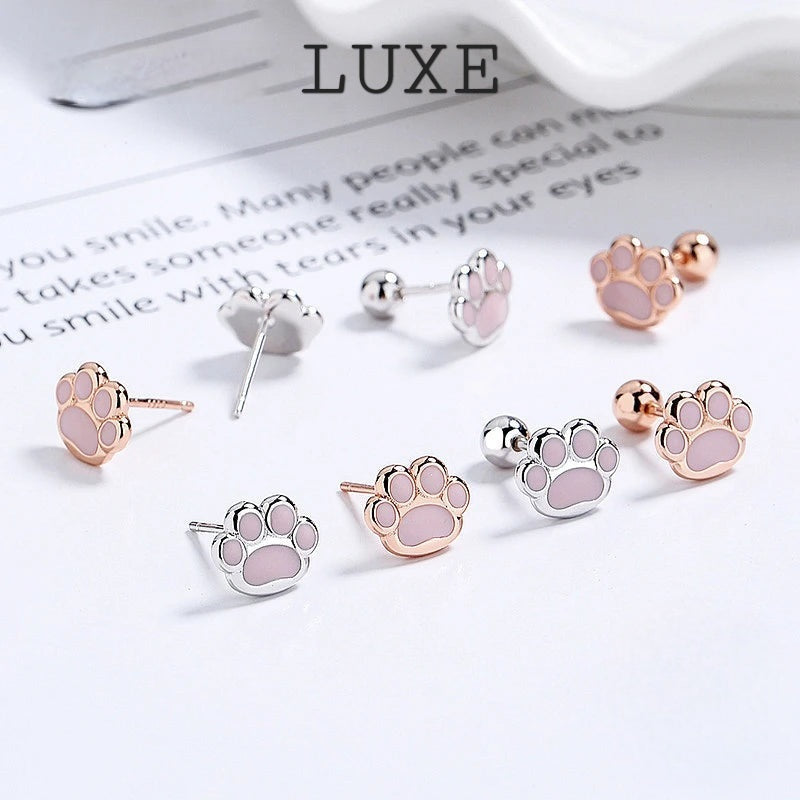 LUXE Real 925 Sterling Silver Pink Cat's Paw Piercing Screw Thread Bead Stud Earrings for Women Cute Animal Fine Jewelry