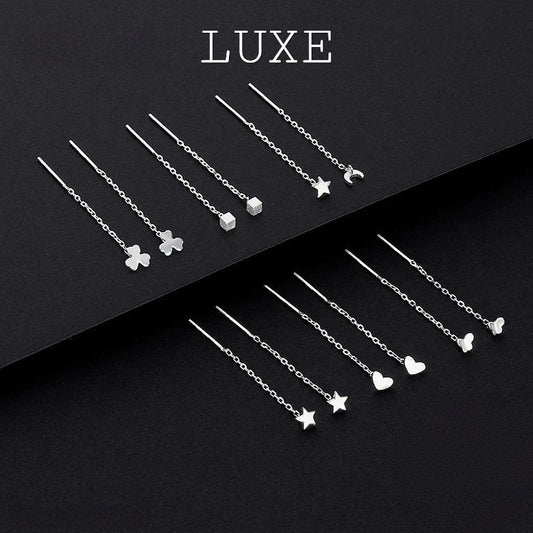 LUXE Real 925 Sterling Silver Moon Star Heart Square Clover Short Chain Tassel Stud Earrings For Women Classic Fine Jewelry