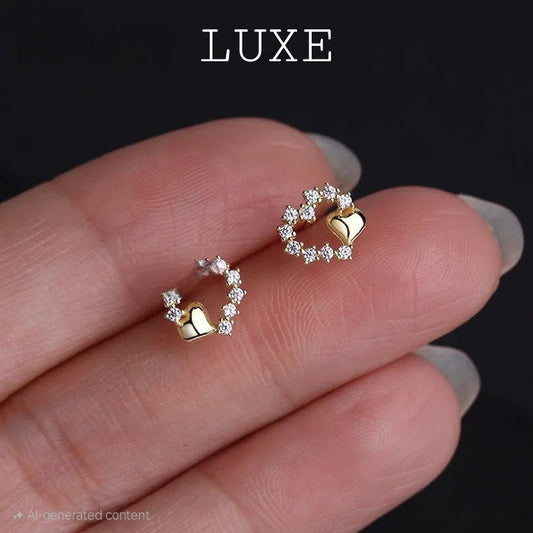 LUXE Real 925 Sterling Silver Zircon Hollow Heart 14K Gold Stud Earrings for Women Cute Fine Jewelry Light Luxury Accessories
