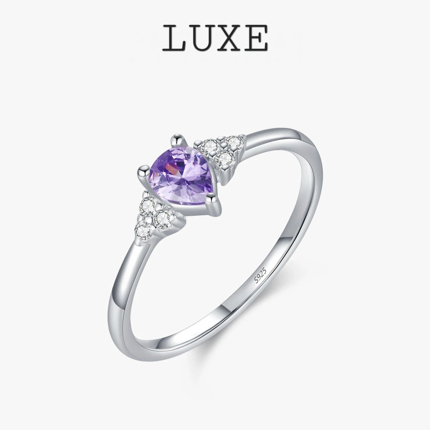LUXE 925 Sterling Silver Water Drop Cocktail Ring Classic Prong Purple Cubic Zirconia Rings For Women Female Fine Jewelry