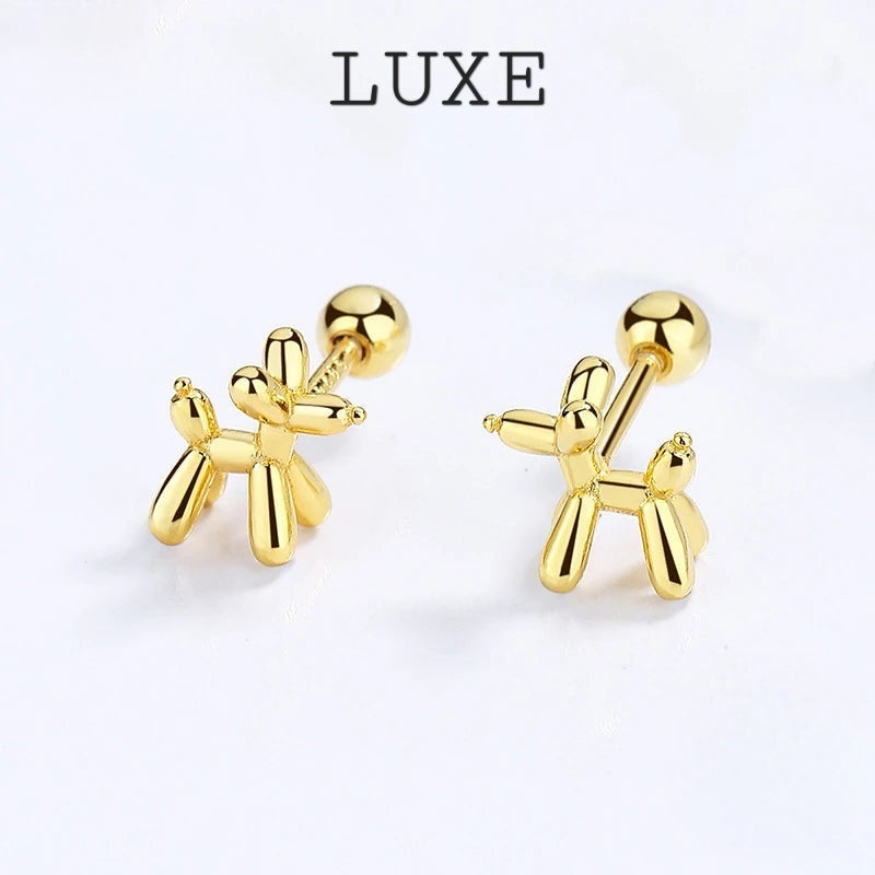 LUXE Real 925 Sterling Silver 18K Gold Dog Screw Bead Stud Earrings For Fashion Women Cute Animal Fine Jewelry Accessories