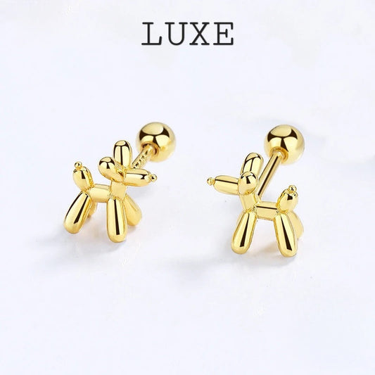 LUXE Real 925 Sterling Silver 18K Gold Dog Screw Bead Stud Earrings For Fashion Women Cute Animal Fine Jewelry Accessories