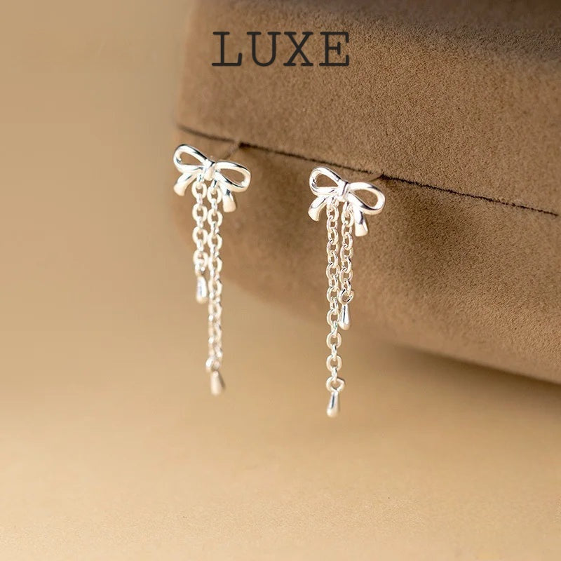 LUXE Real 925 Sterling Silver Bowknot Chain Tassel Stud Earrings for Women Trendy Fine Jewelry Exquisite Accessories