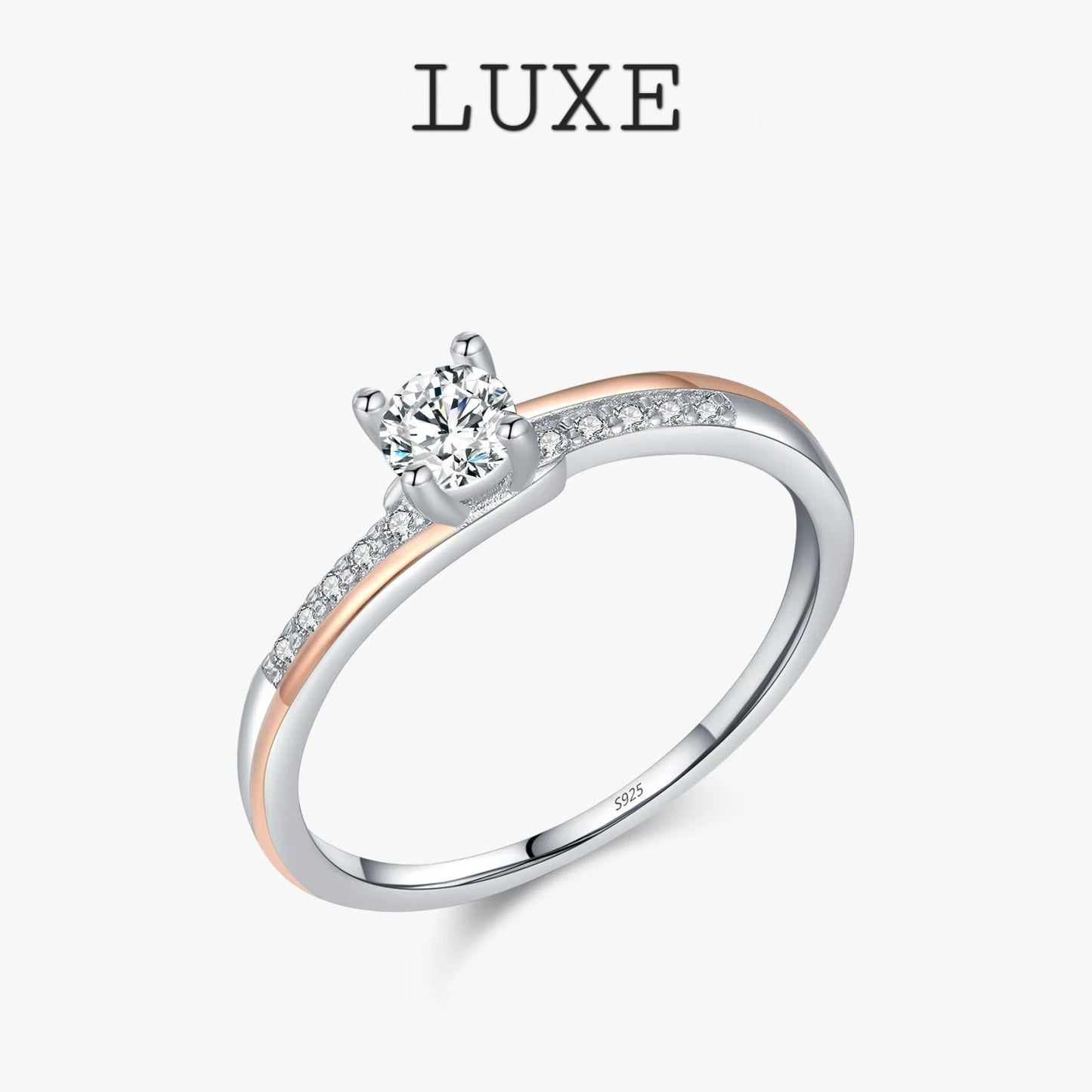LUXE 925 Sterling Silver Classic Wedding Elegant Ring Rose Gold Color Line Unique Metallic Contrast Design Jewelry For Women