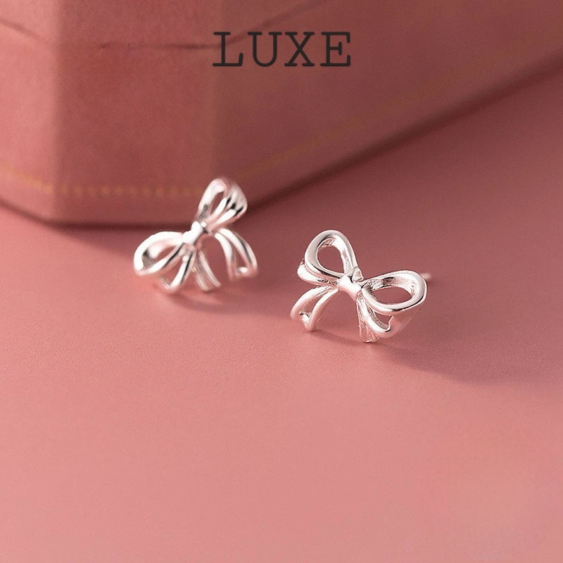 LUXE Real 925 Sterling Silver Hollow Bow Stud Earrings For Women Party Trendy Fine Jewelry Minimalist Accessories