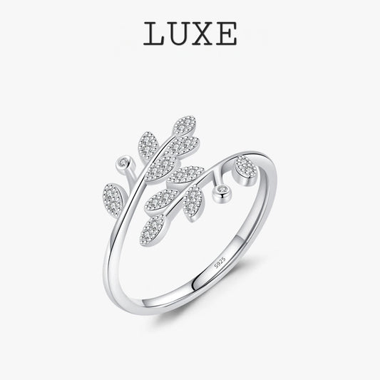 LUXE 925 Sterling Silver Lucky Tree Leaf Finger Adjustable Rings Sparkle CZ Opening Size 6-9 Ring For Women Fine Jewelry Gift
