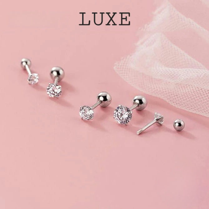 LUXE Real 925 Sterling Silver Zircon CZ Round Screw Bead Screw Stud Earrings For Women Classic Fine Jewelry Accessories