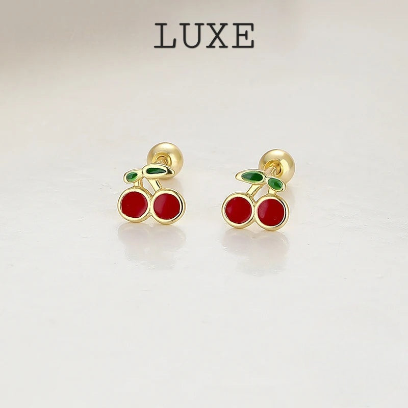 LUXE Real 925 Sterling Silver Fruit Cherry Bead Screw Stud Earrings For Women Cute Fine Jewelry Minimalist Accessories Gift
