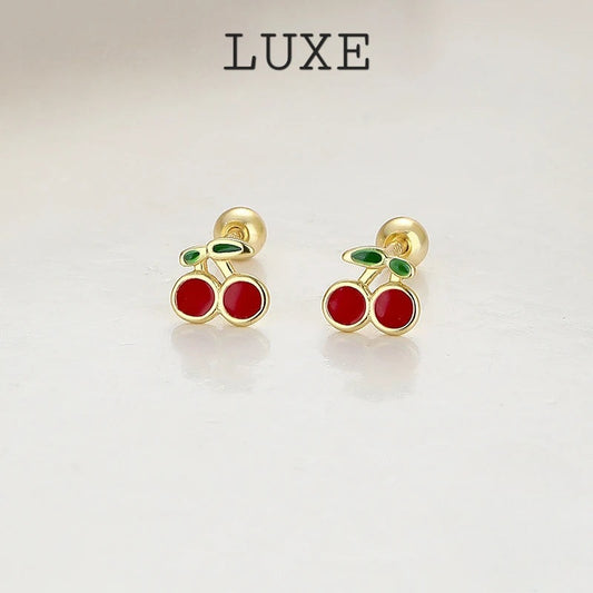 LUXE Real 925 Sterling Silver Fruit Cherry Bead Screw Stud Earrings For Women Cute Fine Jewelry Minimalist Accessories Gift